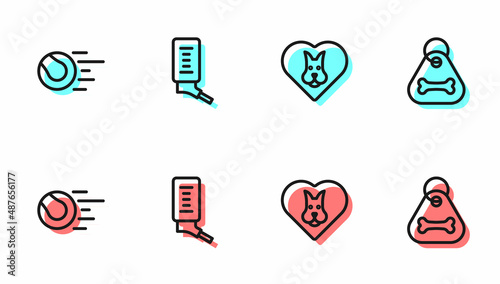 Set line Heart with dog, Pet toys ball, Drinker for small pets and Dog collar bone icon. Vector