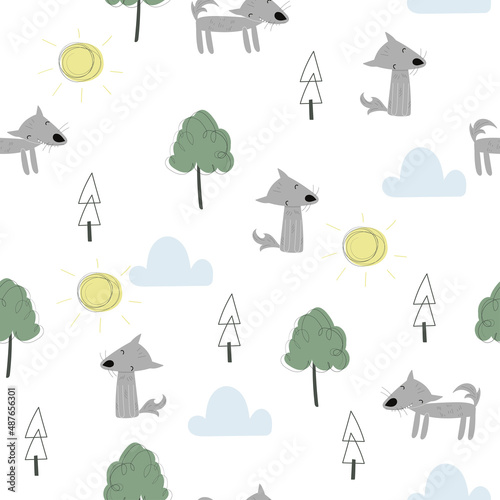 Seamless pattern with a cute cartoon wolfs, trees, clouds and suns on landscape background. Vector.