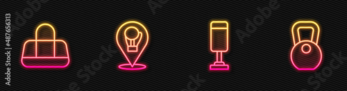 Set line Punching bag, Sport, Boxing glove and Weight. Glowing neon icon. Vector