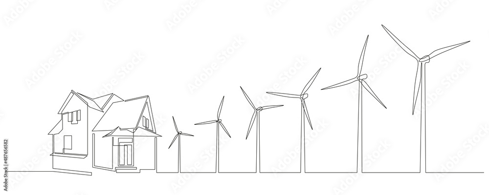 Wind farm turbines and windmill with family house in One continuous line drawing. Green energy and renewable source of power concept in simple linear style. Vector illustration