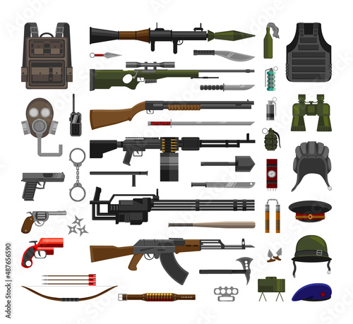 Collection of military weapons and accessories. Army equipment.
