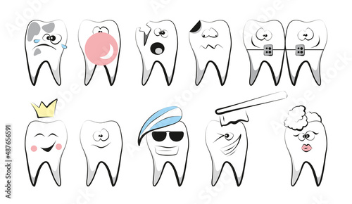 Set of teeth characters in comic style. Dental illustrations.