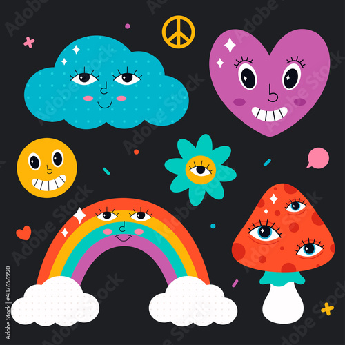 Cute characters and elements in psychedelic style. Hippie, vintage, retro, 90s style. Vector illustration