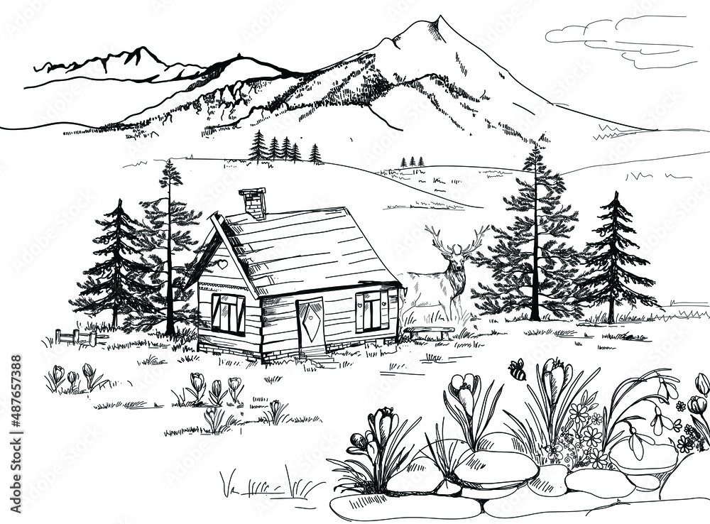 Spring landscape in the mountains in Zakopane in the Podhale region, spring in the mountains. A wooden hut, crocuses, saffron and snowdrops. Sketch, drawing, scribble, vector.