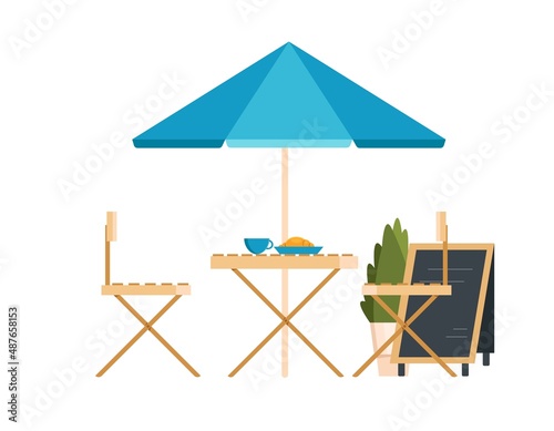 Outdoor table, chairs umbrella with board menu, coffee cup and croissant. Summer street cafe, terrace. Vector illustration in flat style.