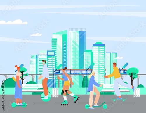Vector illustration of an urban and city life, characters riding electric and rental scooter, skateboard, hoverboard, rollers. Vector illustration in flat style. Cityscape, train and bridge background