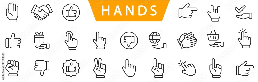 Hand line icons set isolated on white background vector. Hands line icons - obrazy, fototapety, plakaty 