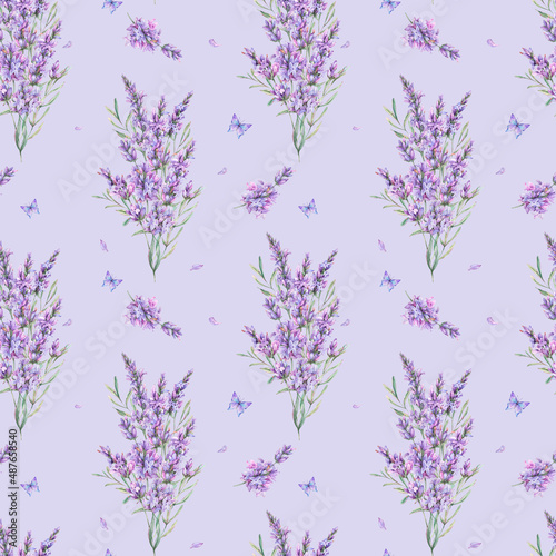 Watercolor lavender flowers natural seamless pattern in vintage style. Lilac botanical texture