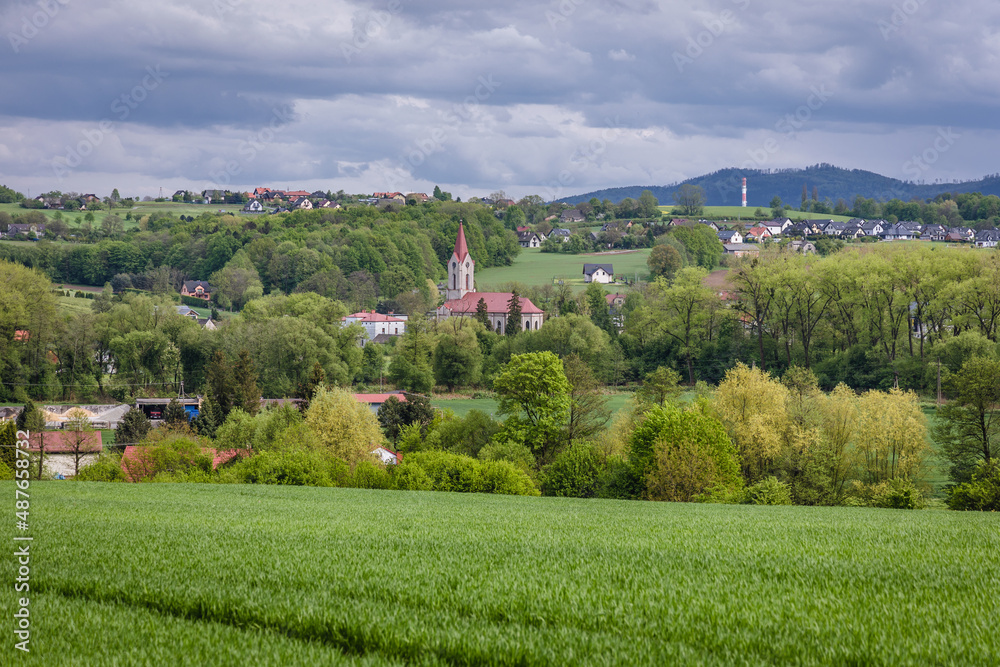 Landscape with Evangelical-Augsburg Church in Miedzyrzecze Gorne, small village in Silesia region of Poland