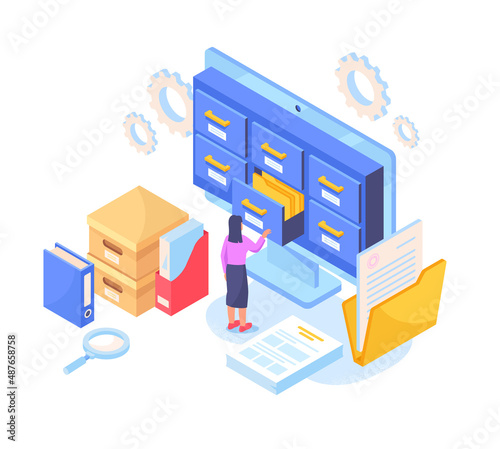 File storage concept. Girl in large archive. Working with information, documents and statistics. Analytical department, paperwork, and hardworking employee. Cartoon volumetric vector illustration