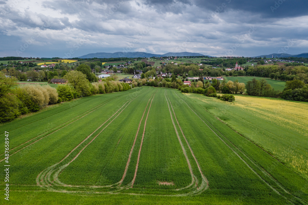 Drone photo of Miedzyrzecze Gorne, small village in Silesia region, Poland