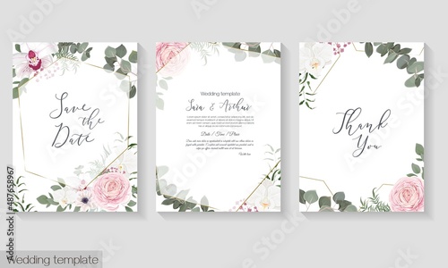 Vector floral template for wedding invitations. Pink roses, white orchids, berries, gypsophila, eucalyptus, green plants and flowers. Postcard for your text.