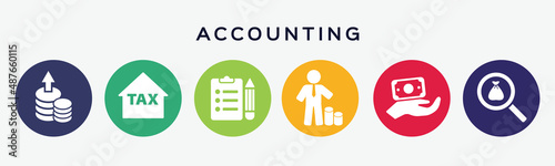 6 button circles set with accounting icon in various colors. Vector illustration.