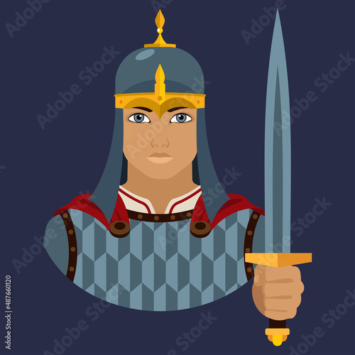 Bogatyr. Avatar of a man in an ancient helmet, chain mail holds a sword in his hand. Historical military costumes. Flat illustration.