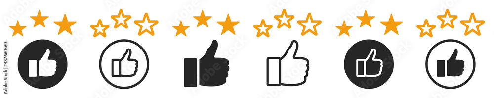 Set of thumb up icons and star. Thumb up with three stars, recommendation. Customer satisfaction symbols. Positive feedback sign. Vector. Set of thumb up icons and star. Thumb up with three stars, recommendation. Customer satisfaction symbols. Positive feedback sign. Vector.