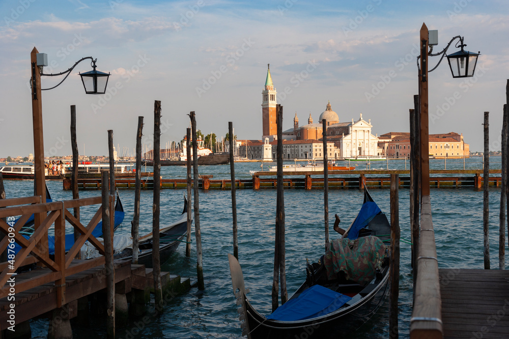 Moored gondolas with Saint Giorgio Church in the background, Venice, Italy
