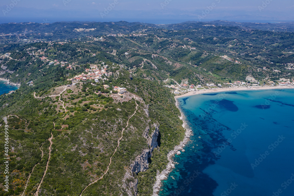 Aerial drone view with Agios Georgios village on Corfu Island, Greece