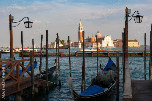 Moored gondolas with Saint Giorgio Church in the background  Venice  Italy