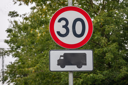 30 kph speed limit sign for trucks in Warsaw city, Poland