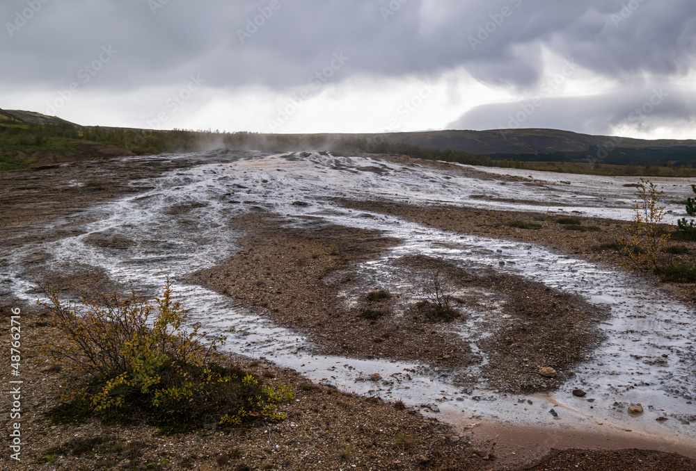 Strokkur Geysir geyser in southwestern Iceland, Europe, Haukadalur geothermal area in the time between eruptions.