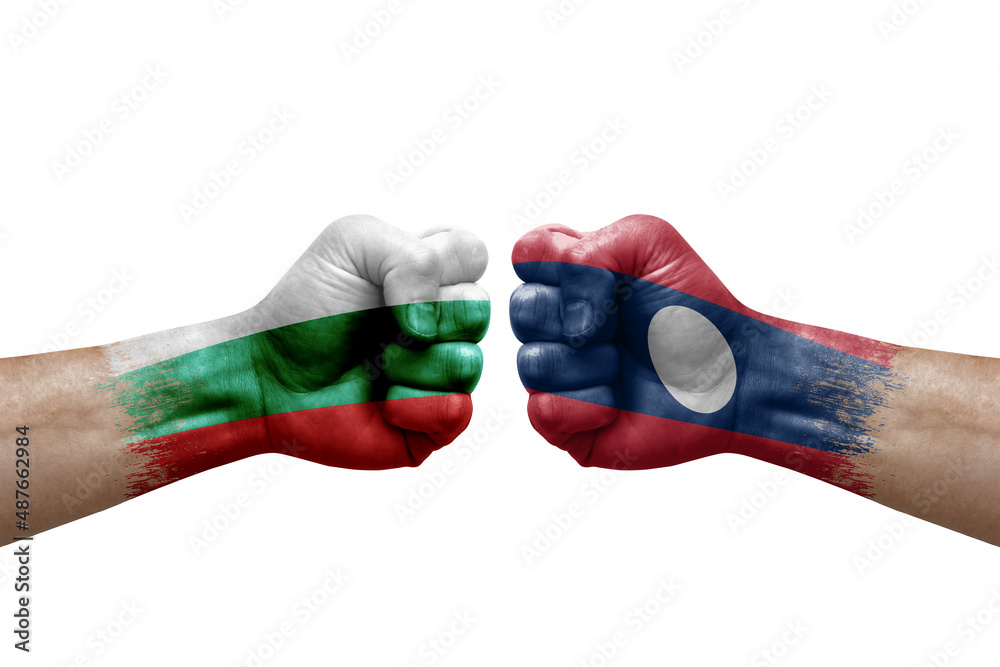 Two hands punch to each others on white background. Country flags painted fists, conflict crisis concept between bulgaria and laos Two hands punch to each others on white background. Country flags painted fists, conflict crisis concept between bulgaria and laos