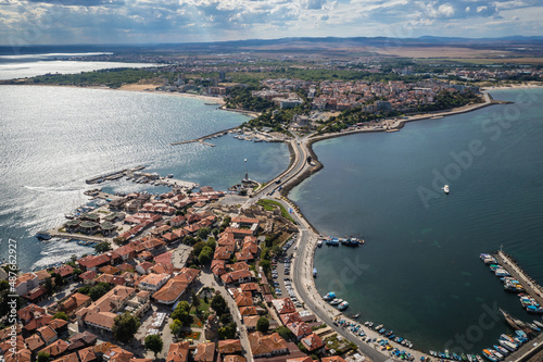 Aerial drone photo of Nesebar historic city on a Black Sea shore in Bulgaria
