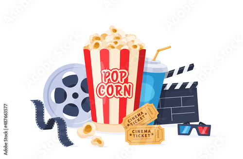 Cinema elements. Vector movie background with popcorn icon, drink, clapperboard, 3d glasses, film-strip, tickets. Cartoon Illustration for film industry, cinematography, movie night festival