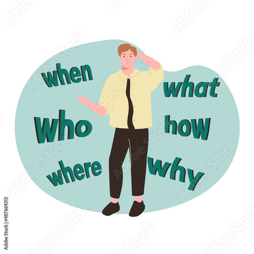 5w1h asking questions for solution to solve problem, thinking process or business analysis to get new idea concept, calm businessman on large question mark thinking of who what where when why and how