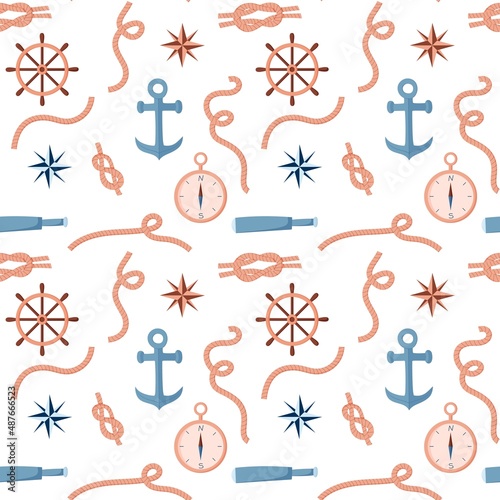 Seamless marine pattern of attributes. Ropes, compass and anchor. Vector illustration