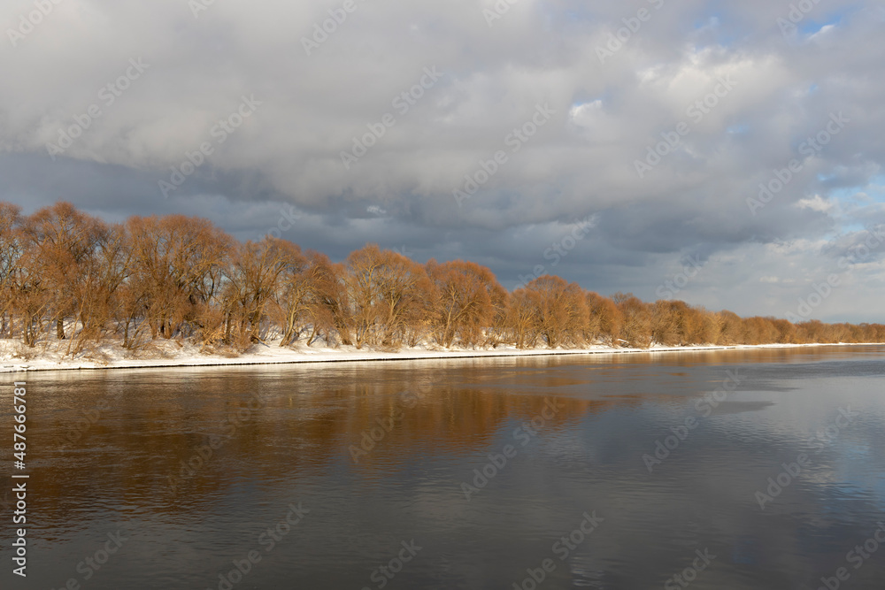 View of the river on a sunny winter day. Trees on the banks of the river illuminated by bright sunlight.