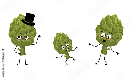 Family of artichoke fruit characters with happy emotions, smile face, happy eyes, arms and legs. Mom is happy, dad is wearing hat and child is dancing. Vector flat illustration