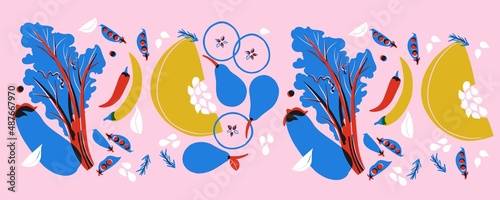 Fototapeta Naklejka Na Ścianę i Meble -  Fruits and berries abstract illustration. Funny colored typography poster, apparel print design, bar menu decoration. Fruits and berries still life