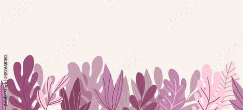 Floral web banner with drawn color exotic leaves. Nature concept design. Modern floral compositions with summer branches. Vector illustration on the theme of ecology, natura, environment