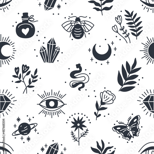 Elegant celestial seamless pattern with boho elements, moon, start, leaf, mystical elements in lineart style. Hippie chic background. Good for fabric, wrapping, textile, wallpaper, apparel.