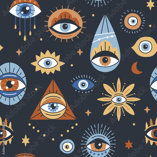 Background with evil, turkish, esoteric eye different shapes. Seamless pattern design with Evil Eye, Hamsa. Hand drawn various talismans. Wallpaper repeatable texture with amulets.