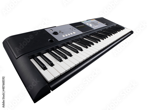 Piano keyboard. Music background. Play piano. Synthesizer on a white background with a gradient. Professional analog synth device with classic pianist keyboard and regulators.