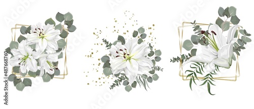 Vector flower set for wedding design. White lilies, eucalyptus, plants, leaves, golden elements. Flowers on a white background