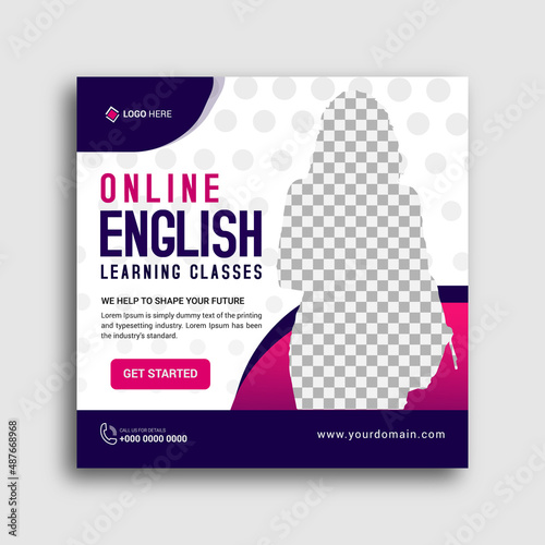 Online English lesson tutor social media post design template. Advertising social media posts with customized layers. Promotional social media posts for advertising.