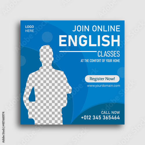 Study English Language online social media post design template. Advertising social media posts with customized layers. Promotional social media posts for advertising.