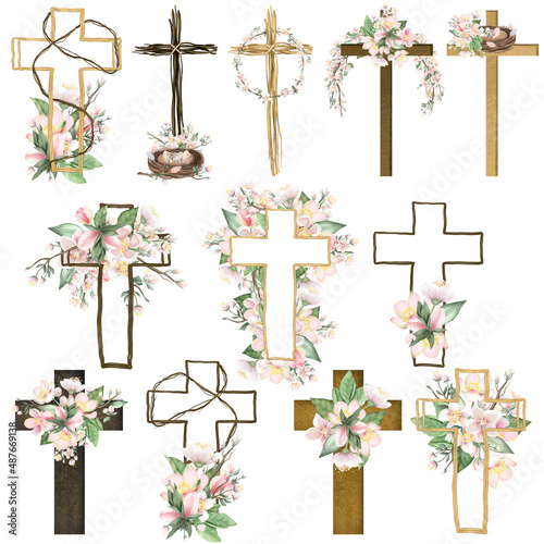 Obraz na płótnie Watercolor wooden crosses with spring apple tree flowers clipart, isolated hand drawn illustration on white background w salonie