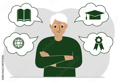 Sad grandfather with thoughts about learning. Internet profession, higher education, stock exchange, financial literacy. Various icons about education.