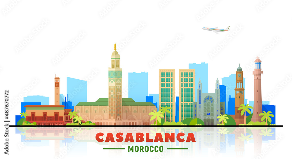 Obraz premium Casablanca, ( Morocco) city skyline vector illustration white background. Business travel and tourism concept with modern buildings. Image for presentation, banner, website. 