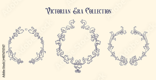 Vintage Victorian era stile wreaths inspired by Arts and Crafts movement. Ornaments with floral organic  elements, birds and hearts for wedding invitations, greeting cards, packaging design ets.