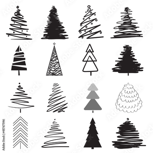 Christmas trees on white. Set for icons on isolated background. Geometric art. Objects for polygraphy, posters, t-shirts and textiles. Black and white illustration