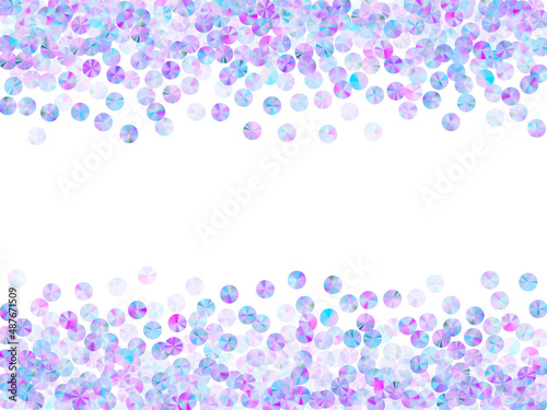 Holographic tinsels confetti placer vector illustration. Bright flickering tinsel elements holiday decor top view. Birthday confetti scatter sparkling pattern.