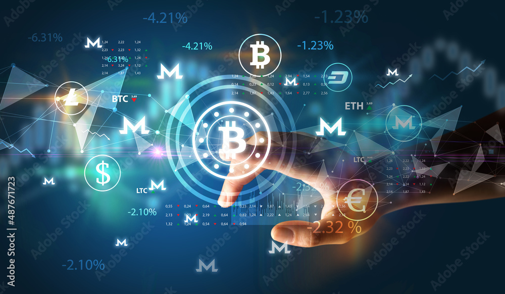 Business person hand pushing currency symbol on multimedia touch screen Business person hand pushing currency symbol on multimedia touch screen