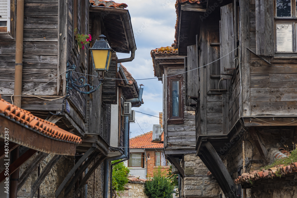 Wooden buildings in Old Town of Nesebar historic city on a Black Sea shore in Bulgaria