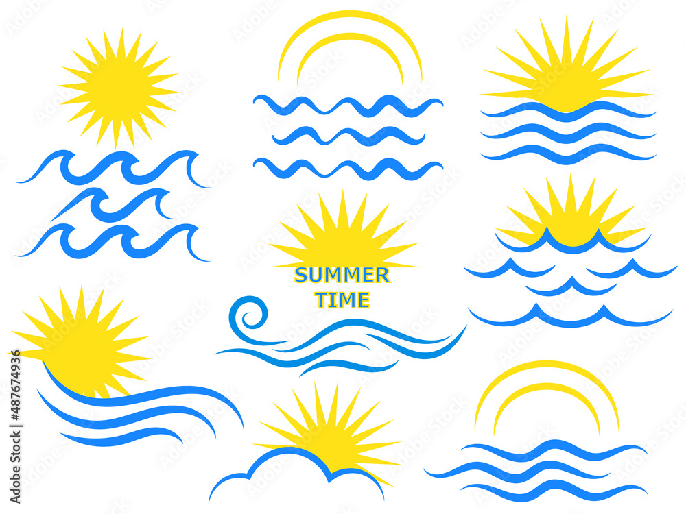 Nautical icons set. Waves and sun. Summer design elements. eps 10 Nautical icons set. Waves and sun. Summer design elements. eps 10