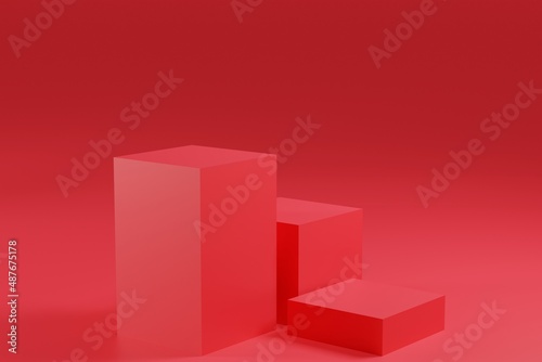 Red textured podium on red background, 3d rendering illustration