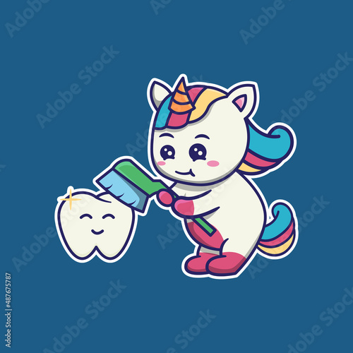 vector illustration of cute unicorn brushing teeth, suitable for children's books, birthday cards, valentine's day